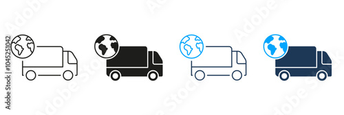 Global Delivery Service Line and Silhouette Icon Set. International Express Transportation Pictogram. Worldwide Shipping Symbol. Editable Stroke. Isolated Vector Illustration
