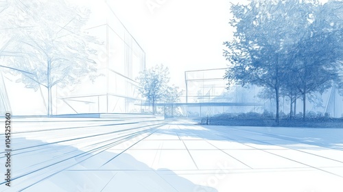 A detailed architectural landscape sketch in perspective, with ample room for copy space on a minimalist backdrop photo