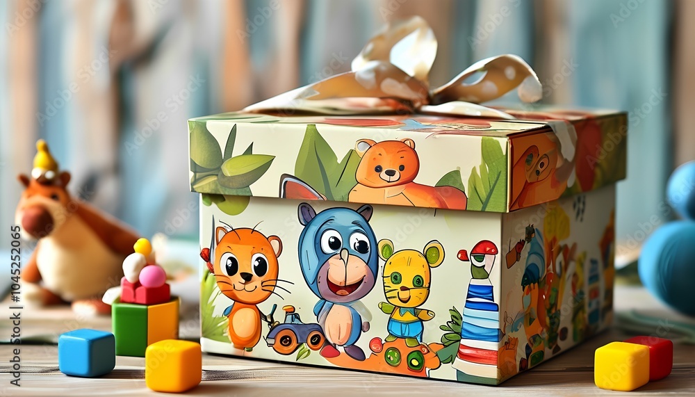 Naklejka premium Whimsical animal-themed gift box surrounded by colorful toys and blocks perfect for celebrating childhood joy and imagination