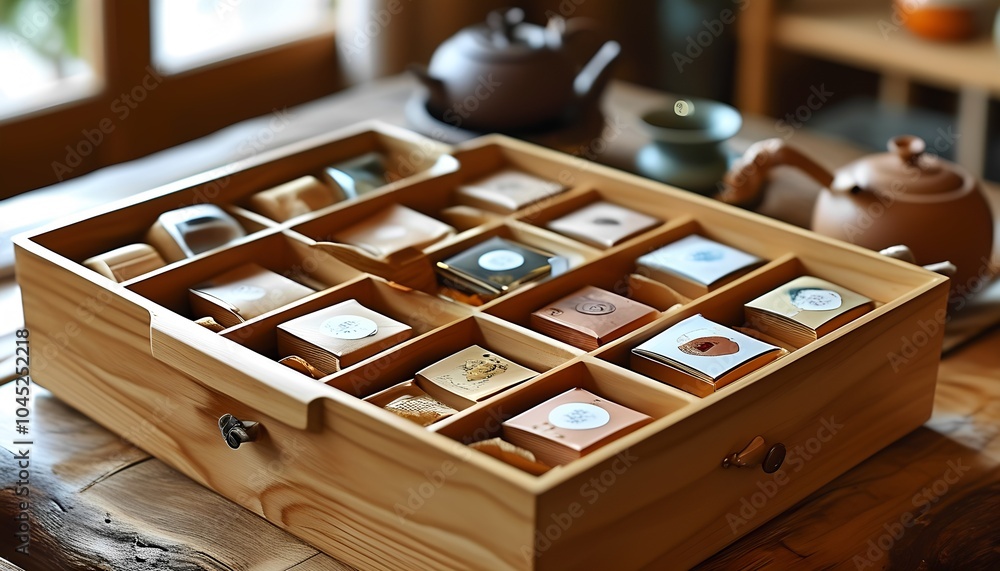 A beautifully organized wooden box of assorted teas aesthetic arrangement for tea lovers and collectors alike showcasing a harmony of nature and craftsmanship in every detail A beautifully organized wooden box of assorted teas aesthetic arrangement for tea lovers and collectors alike showcasing a harmony of nature and craftsmanship in every detail