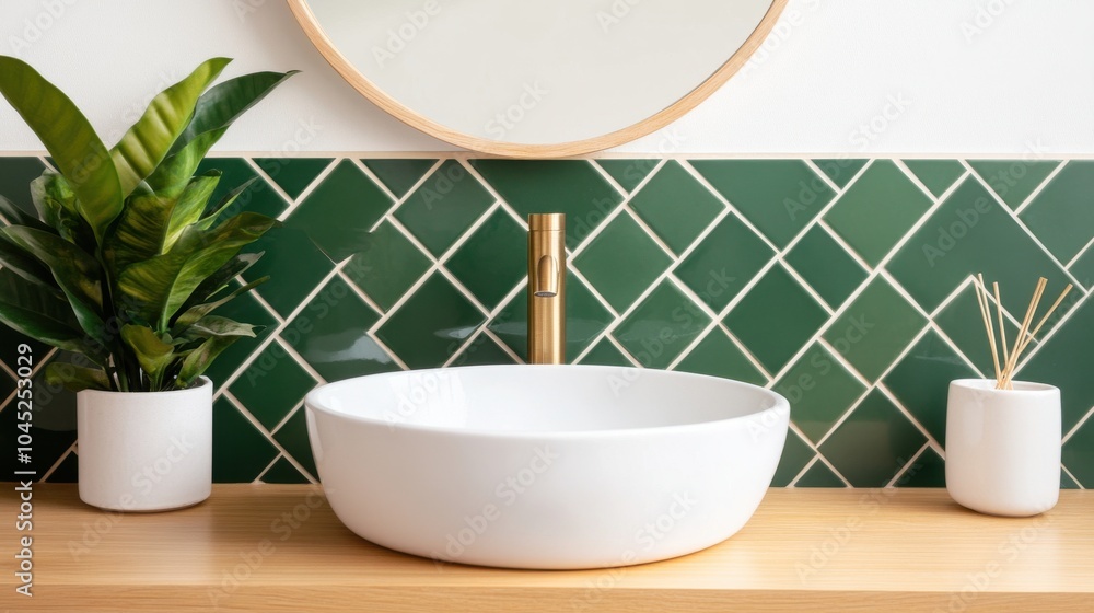 Stylish Bathroom with Geometric Tiles and Brass Fixture Stylish Bathroom with Geometric Tiles and Brass Fixture