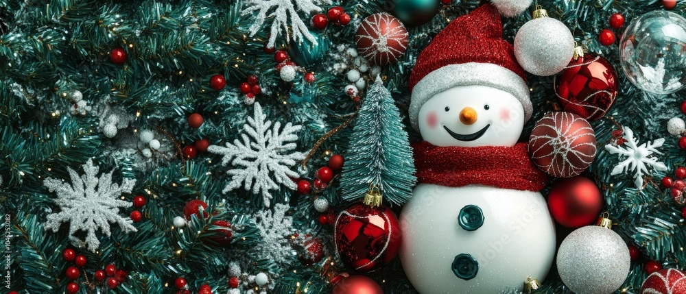 Snowman in Christmas tree with ornaments Snowman in Christmas tree with ornaments