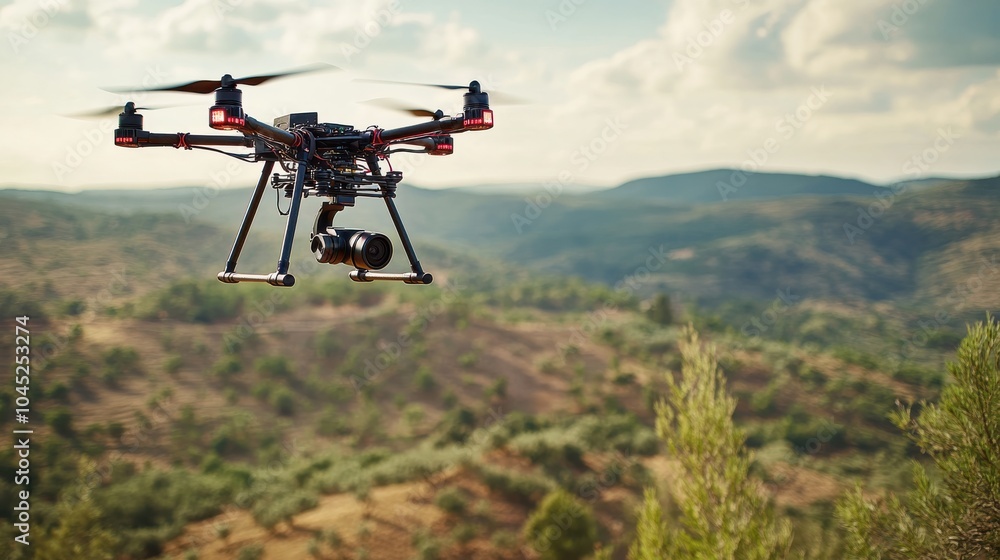 A drone flying over a landscape, capturing aerial footage with a high-resolution camera, representing the use of drone technology in mapping and surveillance. A drone flying over a landscape, capturing aerial footage with a high-resolution camera, representing the use of drone technology in mapping and surveillance.