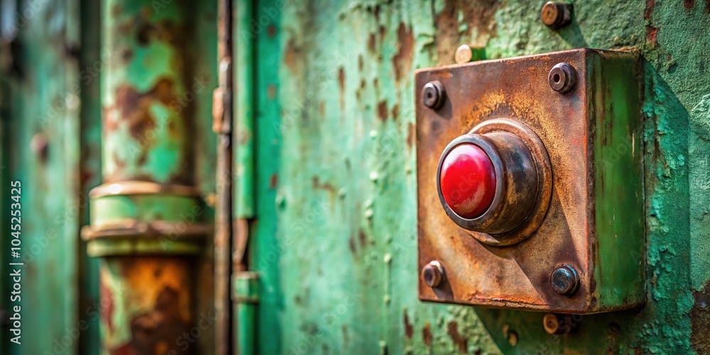 Rusty Start Stop Button on Green Steel Plate - Vintage Industrial Design Rusty Start Stop Button on Green Steel Plate - Vintage Industrial Design