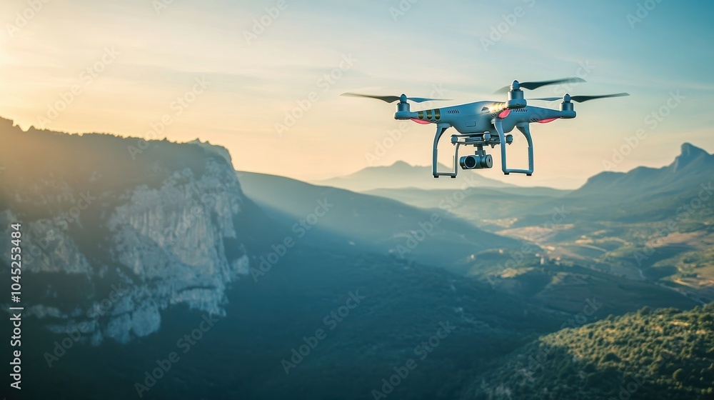 Fototapeta premium A drone flying over a landscape, capturing aerial footage with a high-resolution camera, representing the use of drone technology in mapping and surveillance.