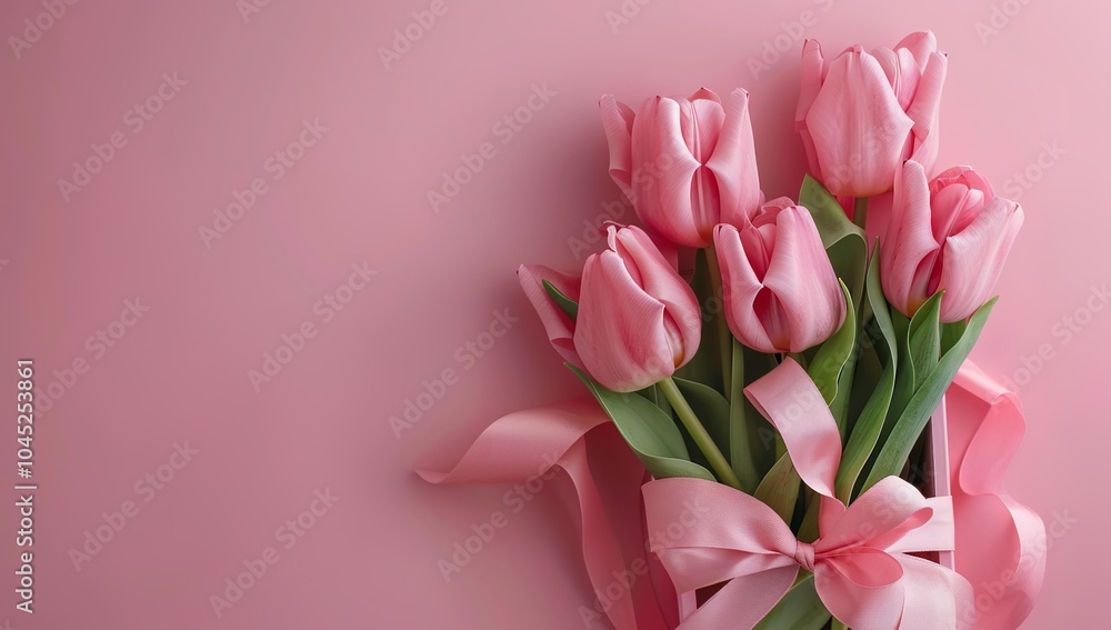 Fototapeta premium Pink tulips in gift box with ribbon on pink background, copy space for text....