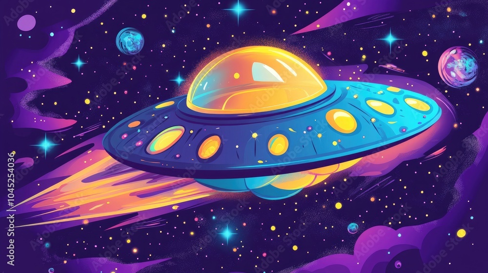 Naklejka premium Whimsical and vibrant illustration of a cosmic alien spaceship perfect for children s content