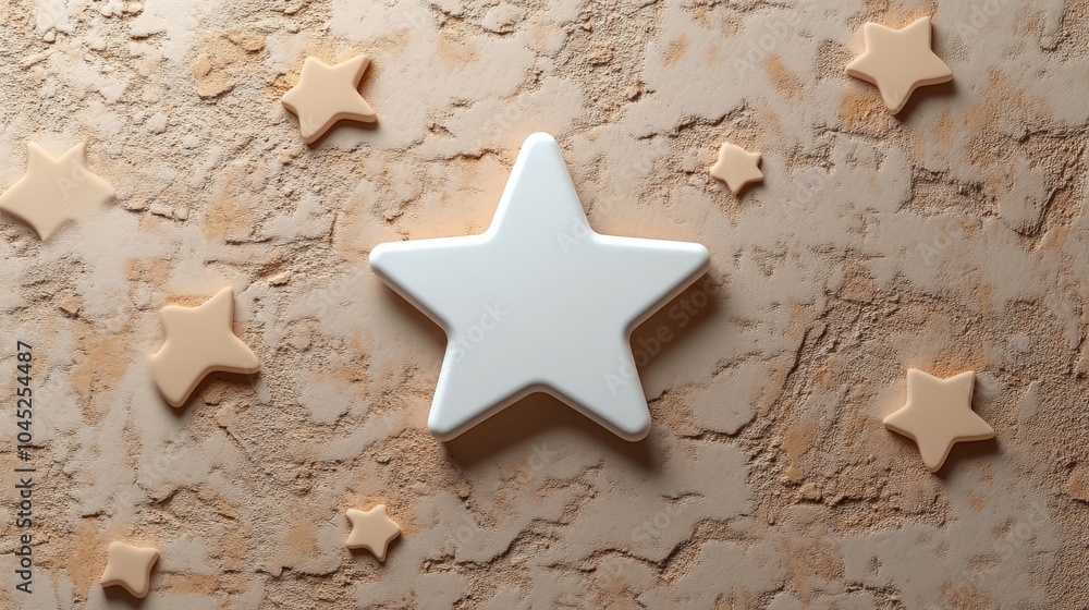 A large white star surrounded by smaller beige stars on a textured, earthy background, creating a whimsical and dreamy atmosphere. A large white star surrounded by smaller beige stars on a textured, earthy background, creating a whimsical and dreamy atmosphere.