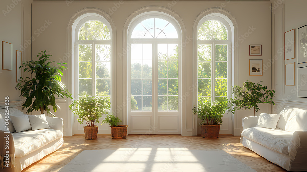 Fototapeta premium Design for a cream-colored apartment living room with smooth arc doors, comfortable furniture, and simple lighting.