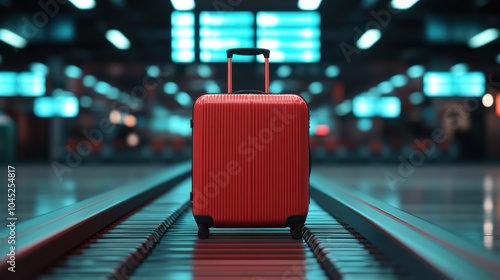 Bright Red Suitcase on Airport Conveyor Belt