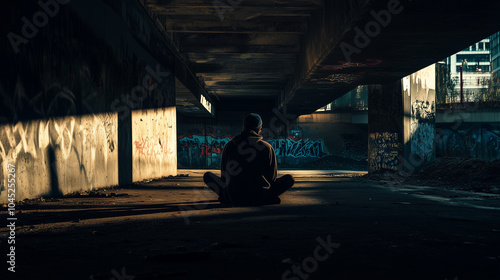Man sitting alone under bridge in urban area