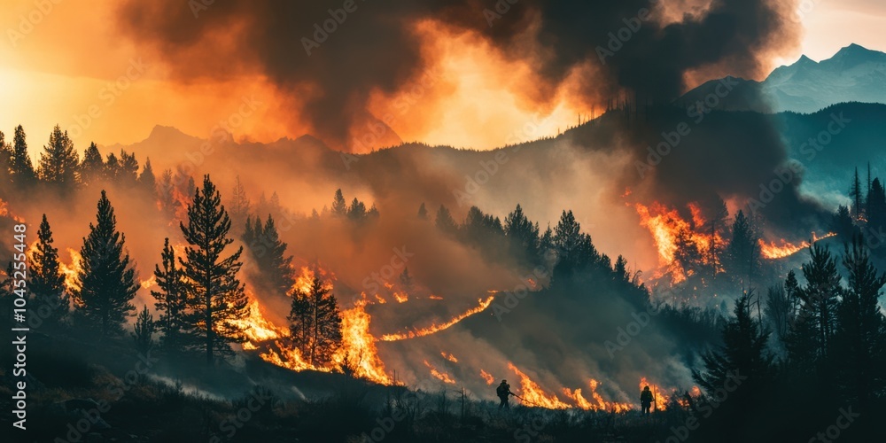 A wildfire burning through a forested area, with firefighters battling the flames A wildfire burning through a forested area, with firefighters battling the flames