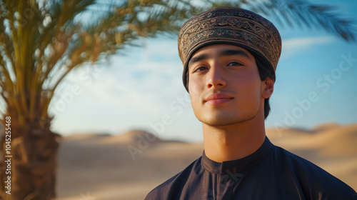 Arabian man wearing traditional uyghur ethnic cloth at desert with palm tree photo