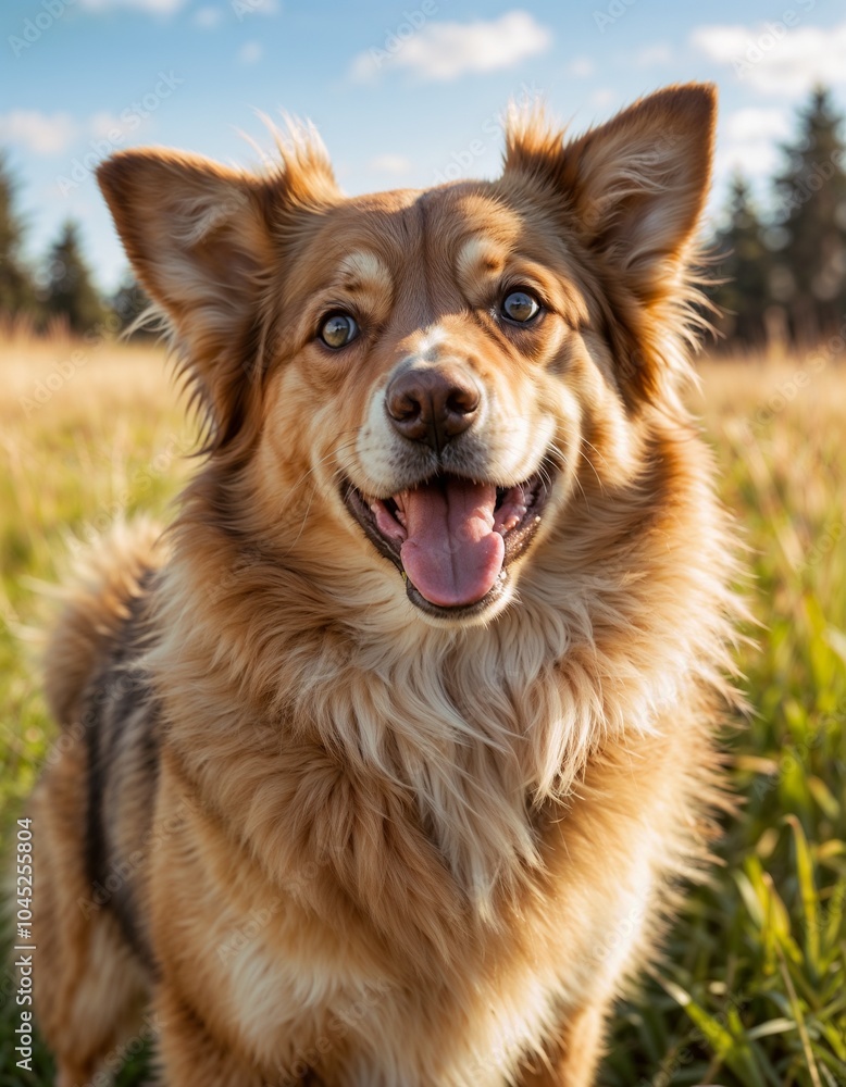 Happy golden dog smiling in green grass field under blue sky with fluffy clouds Happy golden dog smiling in green grass field under blue sky with fluffy clouds