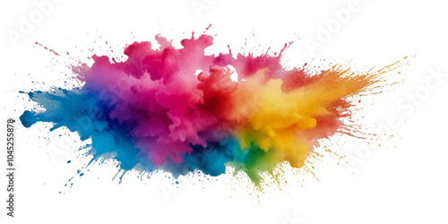 Multicolored rainbow explosion of cloud powder paint decoration isolated on transparent background. Vector abstract colorful rainbow paint festival background.