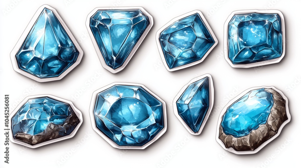 Fototapeta premium Collection of sparkling blue gemstones in various cuts and shapes, radiating brilliance and color.
