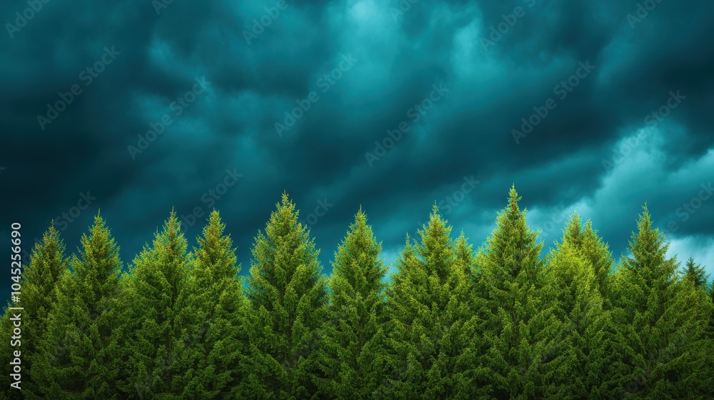 Tall Evergreen Pines Against Stormy Sky Tall Evergreen Pines Against Stormy Sky