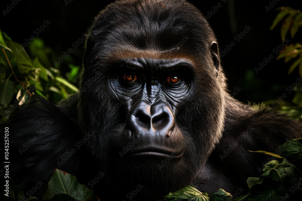 Obraz premium A powerful gorilla gazes into the distance while surrounded by vibrant green leaves in its natural habitat. The warm light of dusk highlights its expressive features and deep-set eyes.