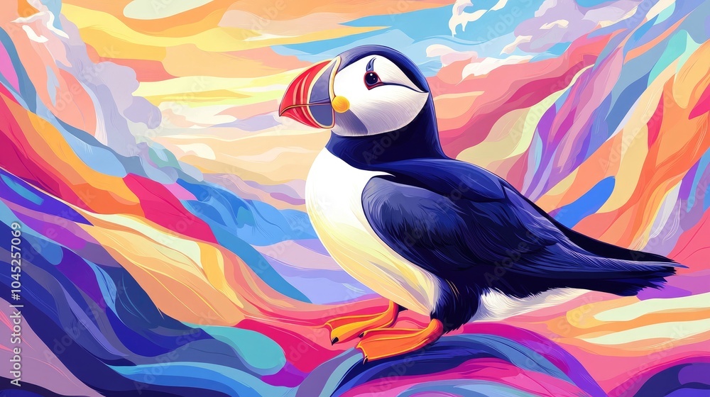 Obraz premium Cartoon puffin illustration set against a vibrant colorful backdrop