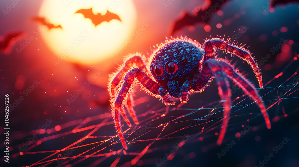 A Whimsical Halloween Spider in a Cape Joyfully Swinging Amidst Colorful Bats Beneath a Full Moon A Whimsical Halloween Spider in a Cape Joyfully Swinging Amidst Colorful Bats Beneath a Full Moon