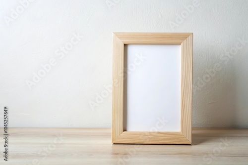 Frame mockup on light wood and white background for stock photo