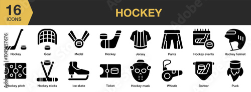Hockey solid icon set. Includes whistle, ticket, puck, pants, medal, jersey, and More. Solid icons vector collection.