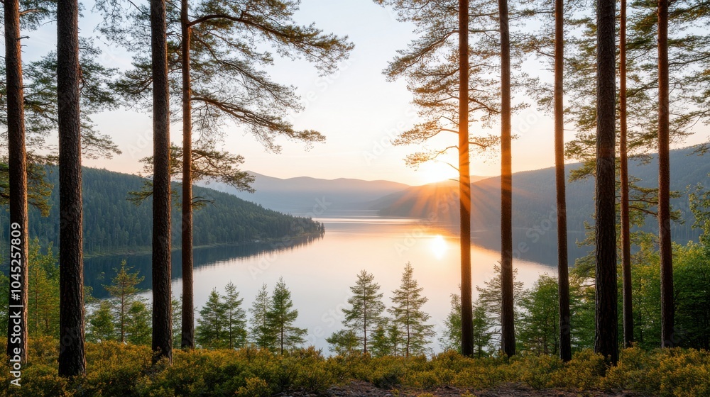 Obraz premium Serene Misty View of Tall Pine Trees at Sunrise