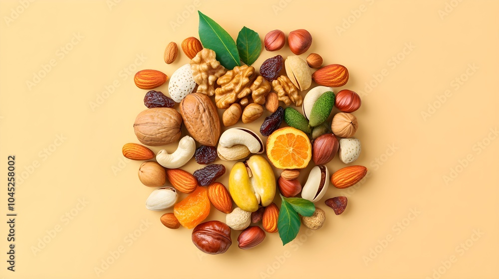 A high-quality 3D render of assorted organic nuts and dried fruits on a soft, neutral background, ideal for healthy eating concepts. A high-quality 3D render of assorted organic nuts and dried fruits on a soft, neutral background, ideal for healthy eating concepts.