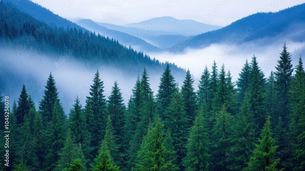 Majestic Tall Pine Trees on Mountain Landscape Majestic Tall Pine Trees on Mountain Landscape