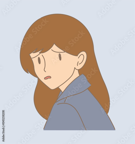 Disappointed woman feeling anxious, disgust facial expression. Hand drawn flat cartoon character vector illustration. 