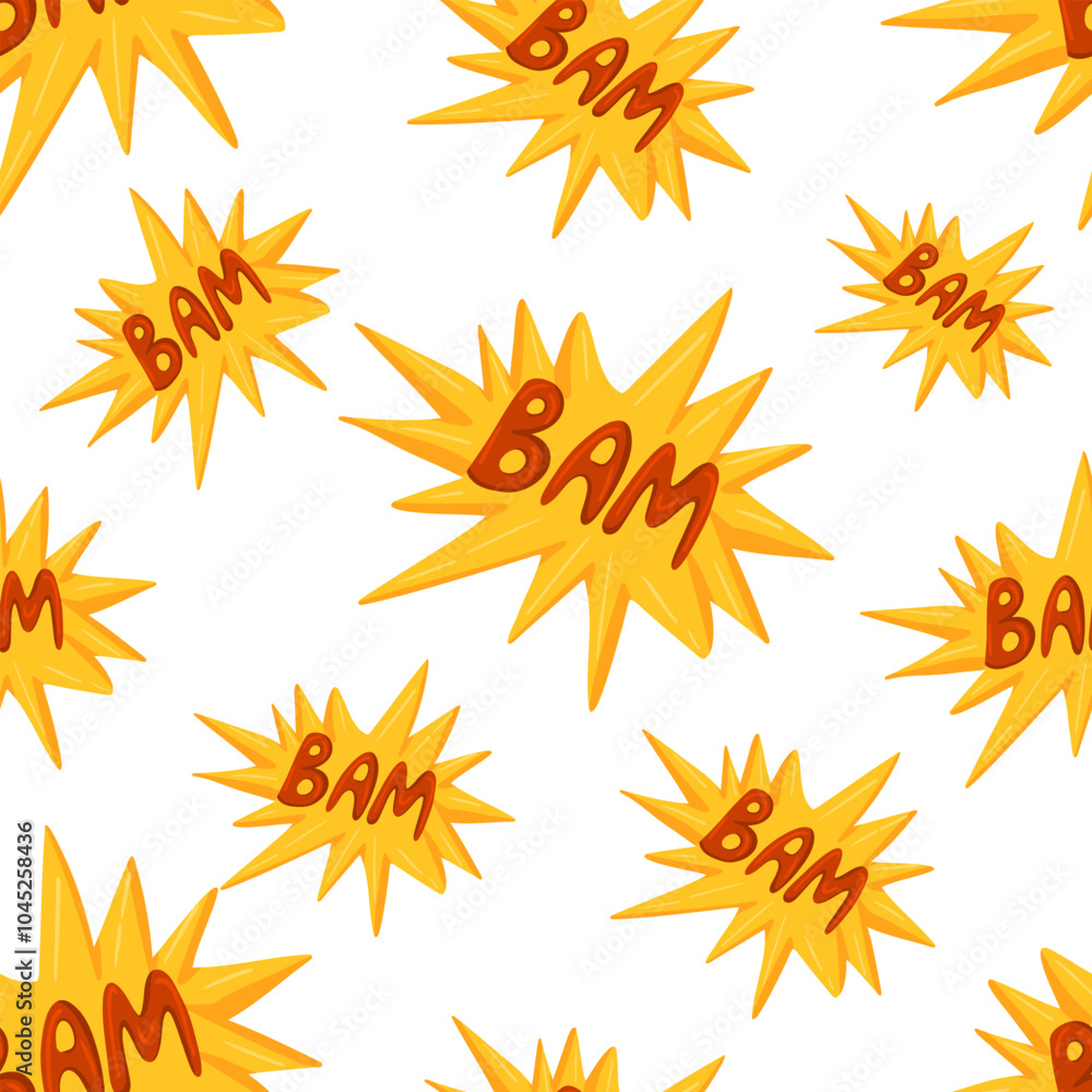 Pop Art seamless comic pattern . Bam retro comic text speech bubble. Cartoon comics vector illustration. Simple background for textile , fashion, sport wear, wrapping on white background Pop Art seamless comic pattern . Bam retro comic text speech bubble. Cartoon comics vector illustration. Simple background for textile , fashion, sport wear, wrapping on white background