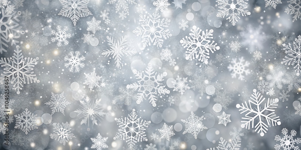 Naklejka premium A shimmering silver backdrop adorned with intricate snowflakes and bokeh lights, creating a festive winter wonderland.