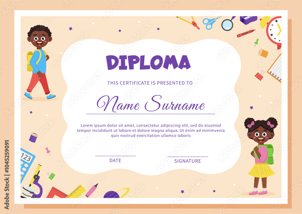 School diploma, certificate template with school supplies and schoolchildren. School diploma, certificate template with school supplies and schoolchildren.