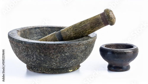 Ancient Stone Mortar and Pestle: A timeless kitchen tool, perfectly preserved, showing signs of age and use. A testament to enduring craftsmanship.