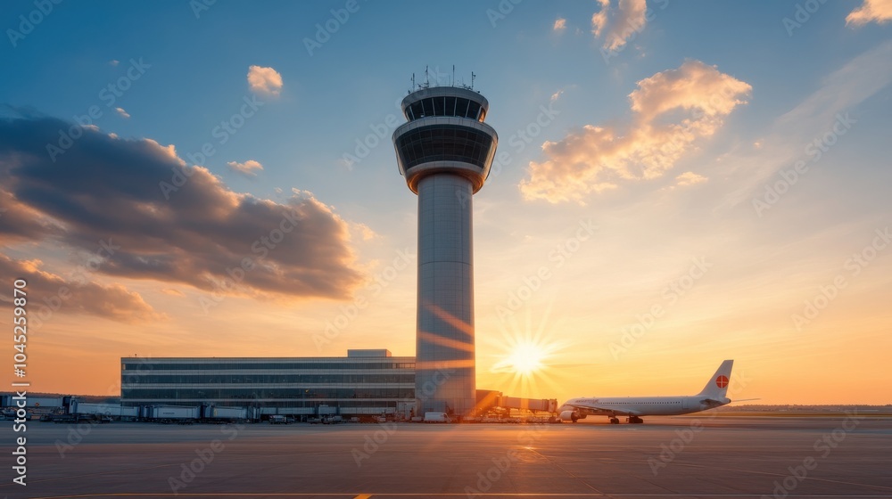 Obraz premium Sunrise at Airport Control Tower with Planes