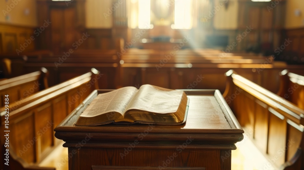 Open bible is laying on a wooden pulpit in a church sanctuary, illuminated by warm sunlight streaming through the windows Open bible is laying on a wooden pulpit in a church sanctuary, illuminated by warm sunlight streaming through the windows