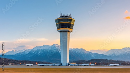 Airport Control Tower with Planes in the Background