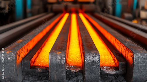 Close-up of glowing molten metal bars in a industrial forge setting, showcasing heat and craftsmanship in metalworking.