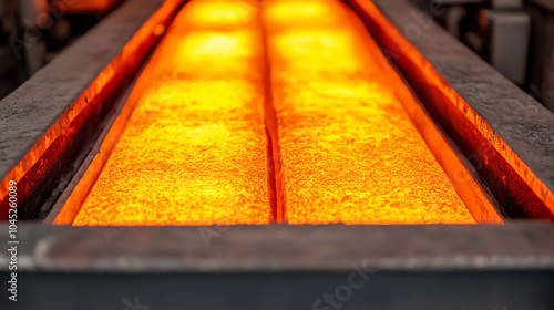 Close-up of molten metal flowing in a steel casting mold, showcasing the intense orange glow and industrial process involved in metal production.