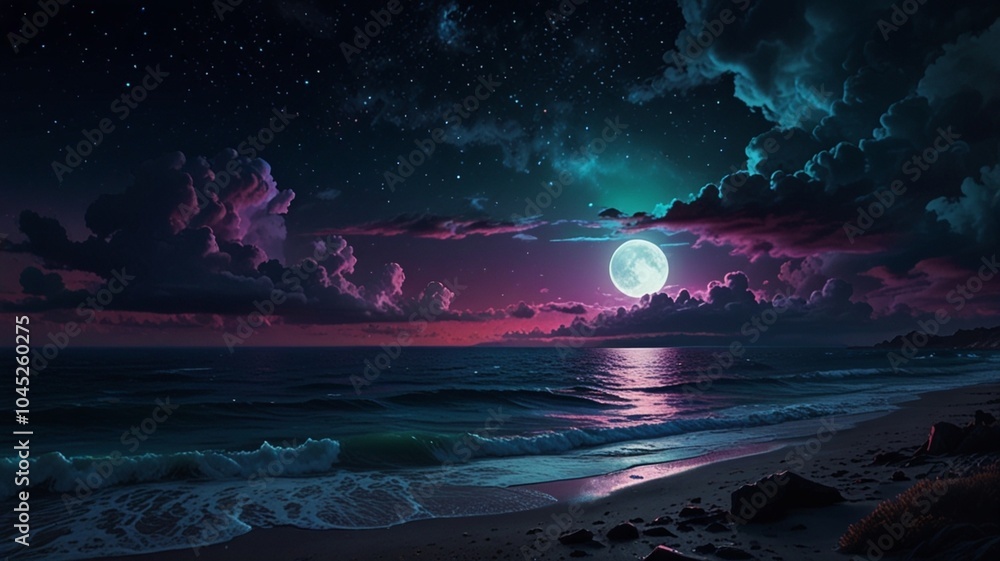 Fototapeta premium stunning nightscape with a vast expanse of sea in the foreground. Resting above the sea is a large, pink-purple planet or moon, creating a compelling focal point in the composition.