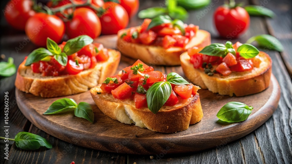 Fresh and colorful wide-angle bruschetta with tomato and basil on a plate Fresh and colorful wide-angle bruschetta with tomato and basil on a plate