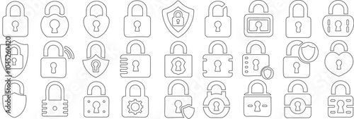 Lock icon line illustration, padlock, security, protection, safety vector outline, shield, gear, unlock. Simple, minimal line drawings for cybersecurity, digital protection, privacy, and secure access