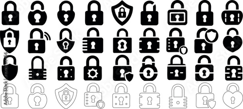 Lock icon vector set in various styles, featuring padlocks, keyholes, shields, and security symbols. Ideal lock set for representing data protection, privacy, encryption, and online security