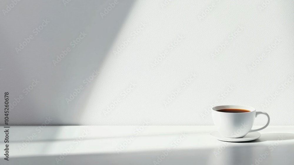Serene Minimalist Workspace with Single Coffee Cup on White Table Serene Minimalist Workspace with Single Coffee Cup on White Table