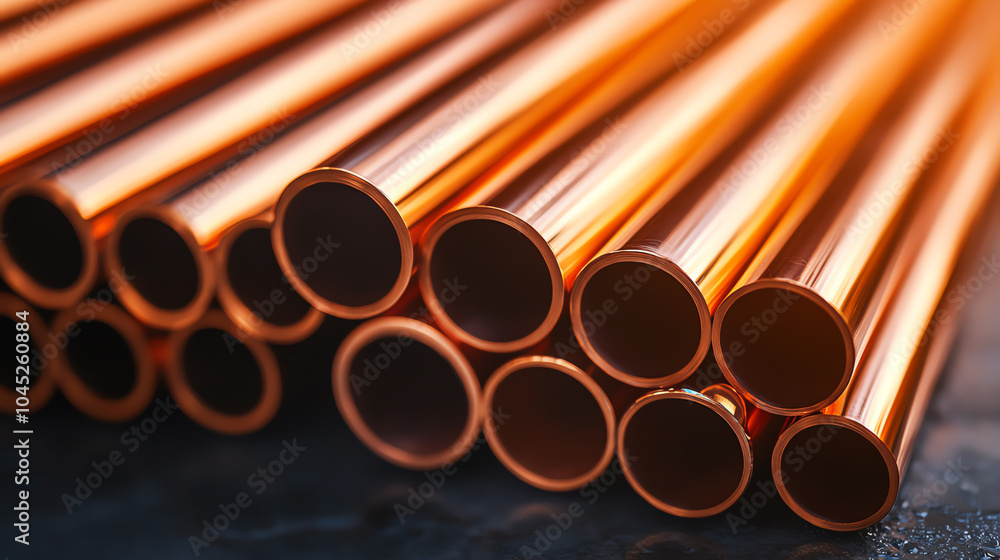 Close-up view of shiny copper pipes stacked together, showcasing their circular ends with a blurred background for a modern industrial aesthetic. Close-up view of shiny copper pipes stacked together, showcasing their circular ends with a blurred background for a modern industrial aesthetic.