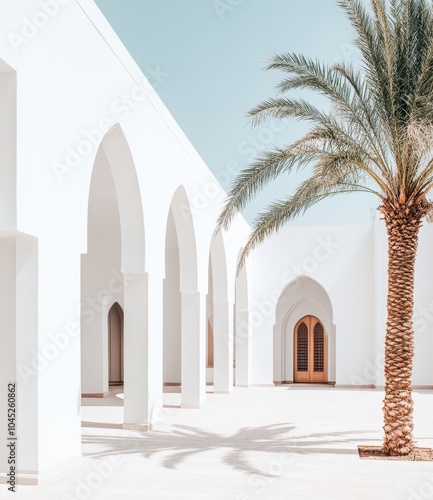 A white building with arched doorways and a palm tree in front. The building is in a courtyard