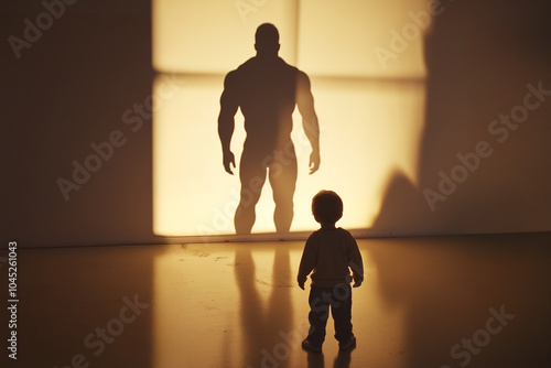 Dream Big to Become Big. Little Boy Looking at His Shadow on the Wall and Imagine Himself as Tall, Muscular Man. photo