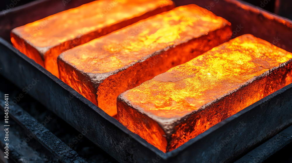 Molten metal ingots glowing with heat in a workshop, showcasing the industrial process of metal casting and refining.