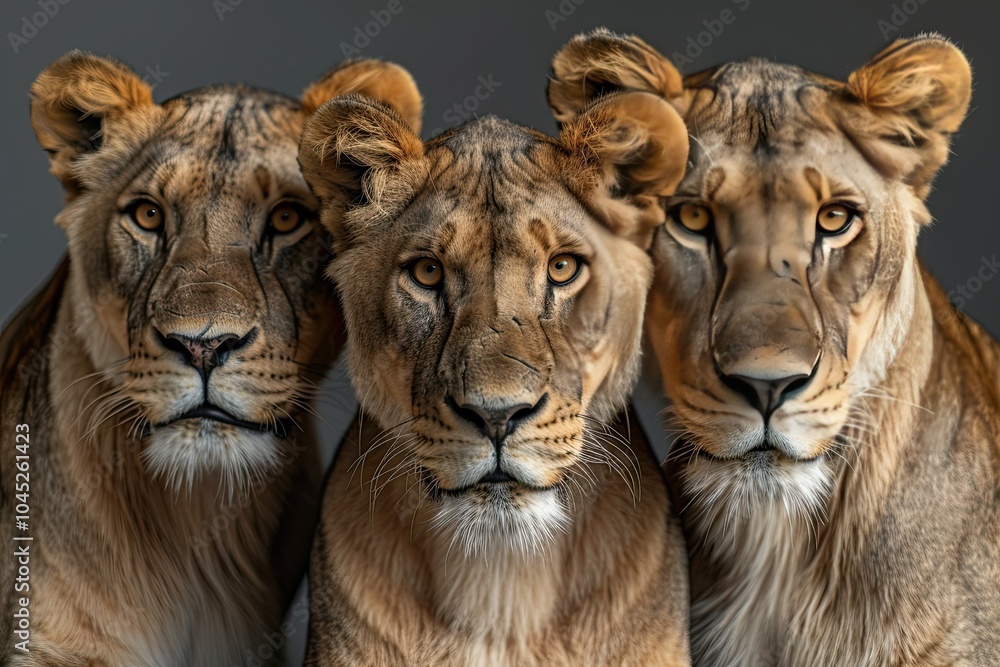 A close-up portrait of a lion family with expressive eyes on a gray background, capturing their emotions and bond A close-up portrait of a lion family with expressive eyes on a gray background, capturing their emotions and bond