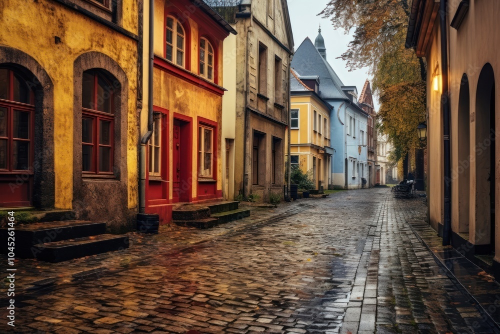 Fototapeta premium Old town architecture cobblestone building street.